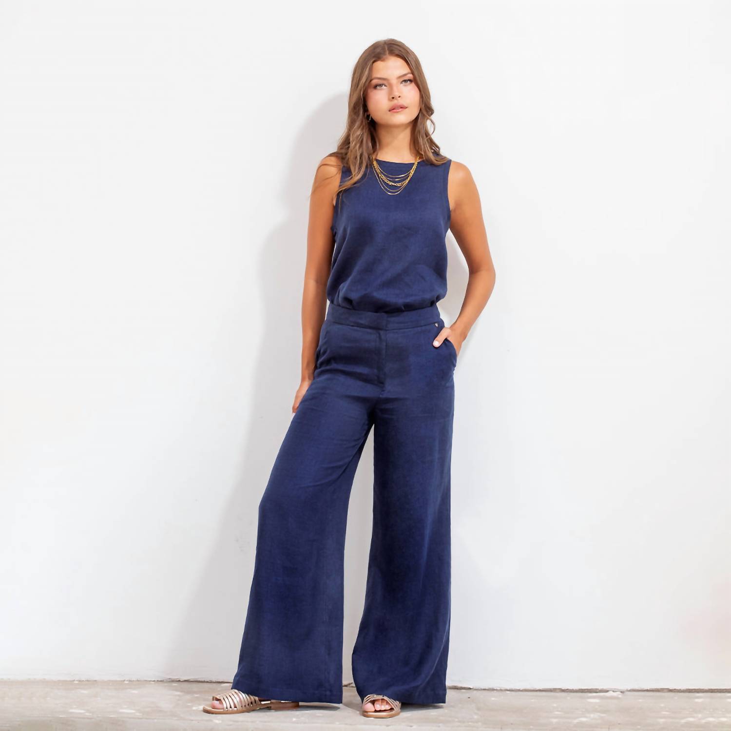 New Maria La Paz Pilar Wide Leg Pants In Blue Linen